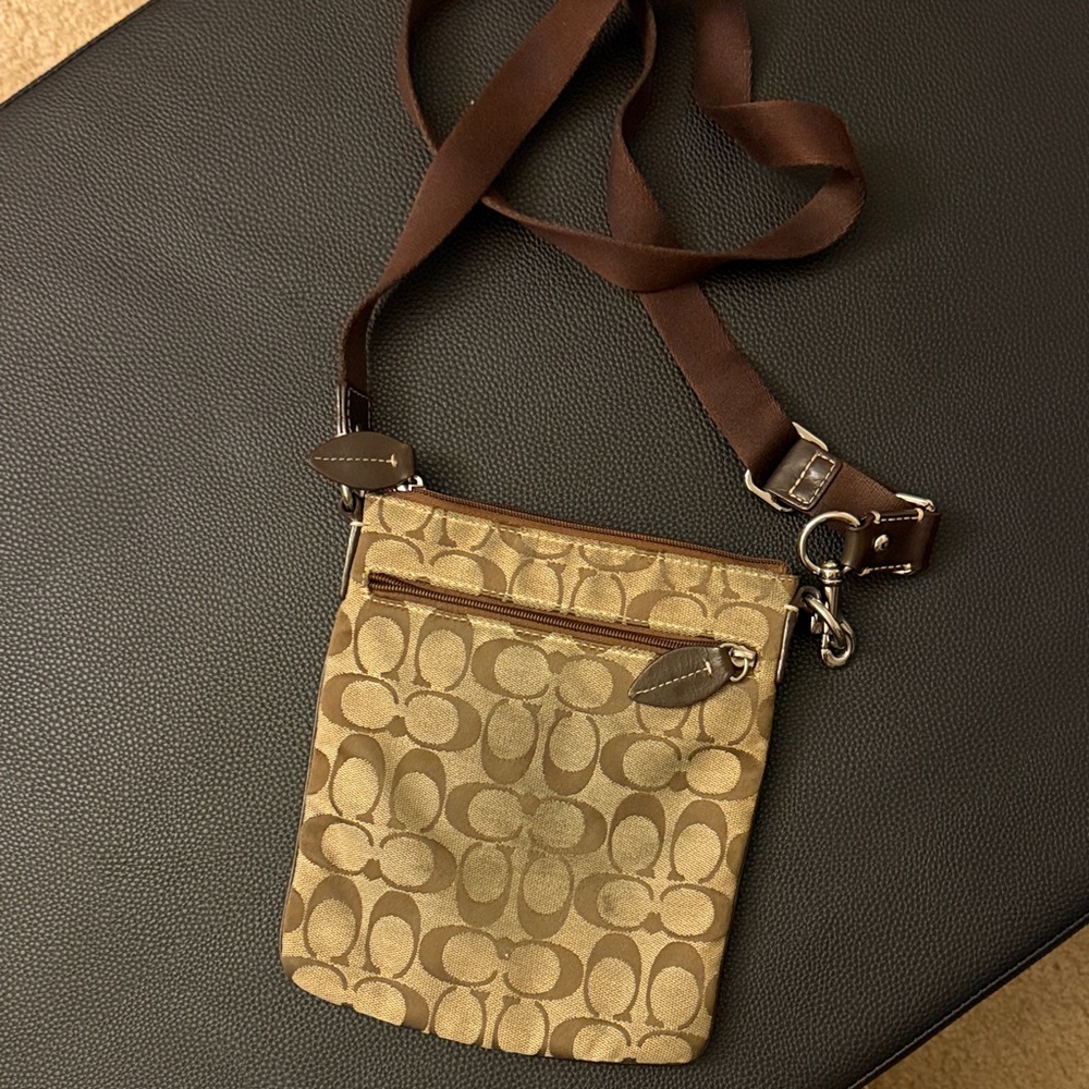 Coach Signature Canvas Crossbody in Tan and Brown with Silver Hardware - Picture 2 of 6